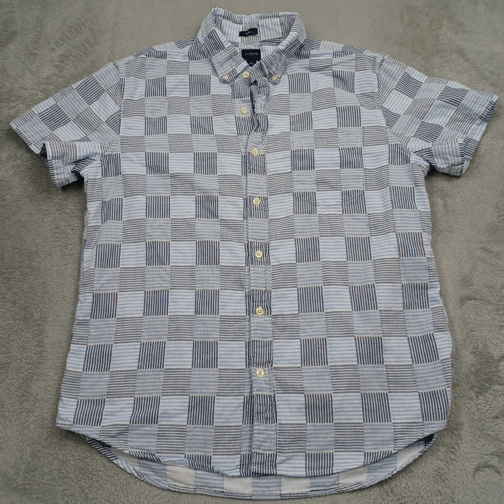 J Crew Shirt Mens Large Blue Plaid Slim Fit Preppy Short Sleeve Casual